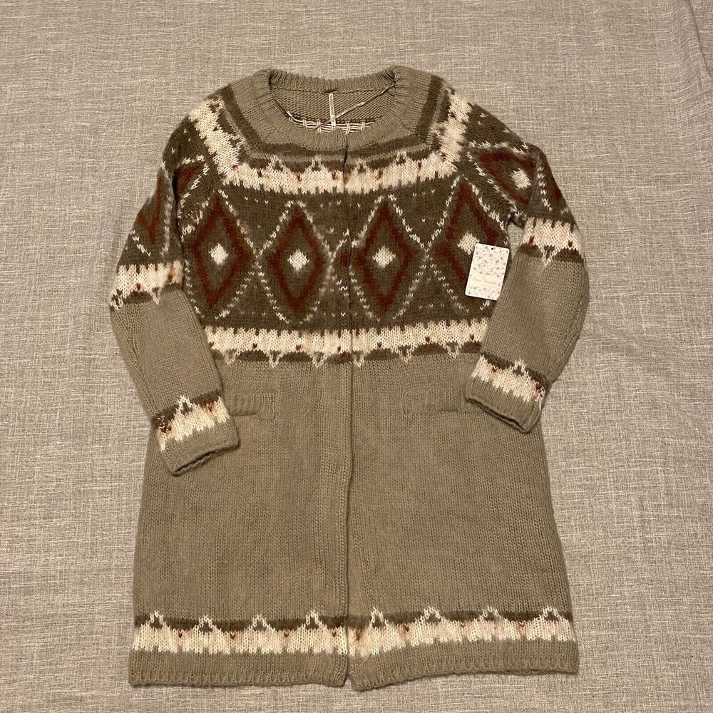 Free People Cardigan Medium  Frosted Fairisle Mohair Wool Blend Boho Aztec Cozy